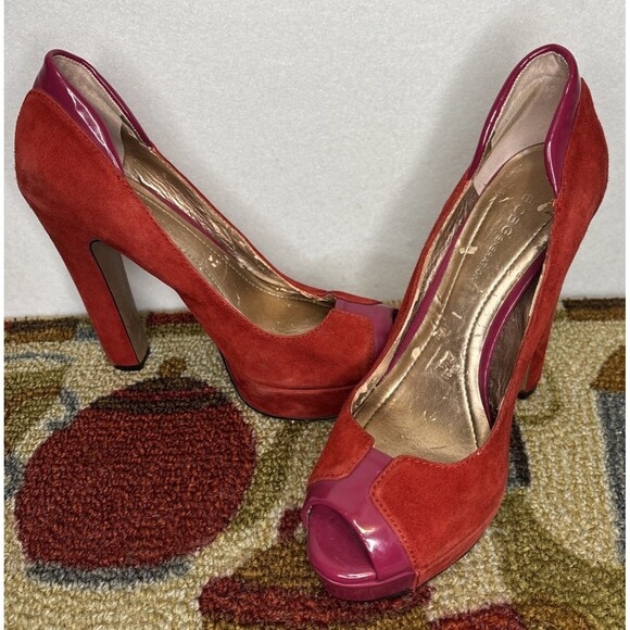 BCBG Red Velvet And Fuchsia Patent Leather Platform Heels. - Picture 3 of 5